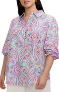 Foxcroft Olivia Paisley Smocked Cuff Linen Blend Button-Up Shirt