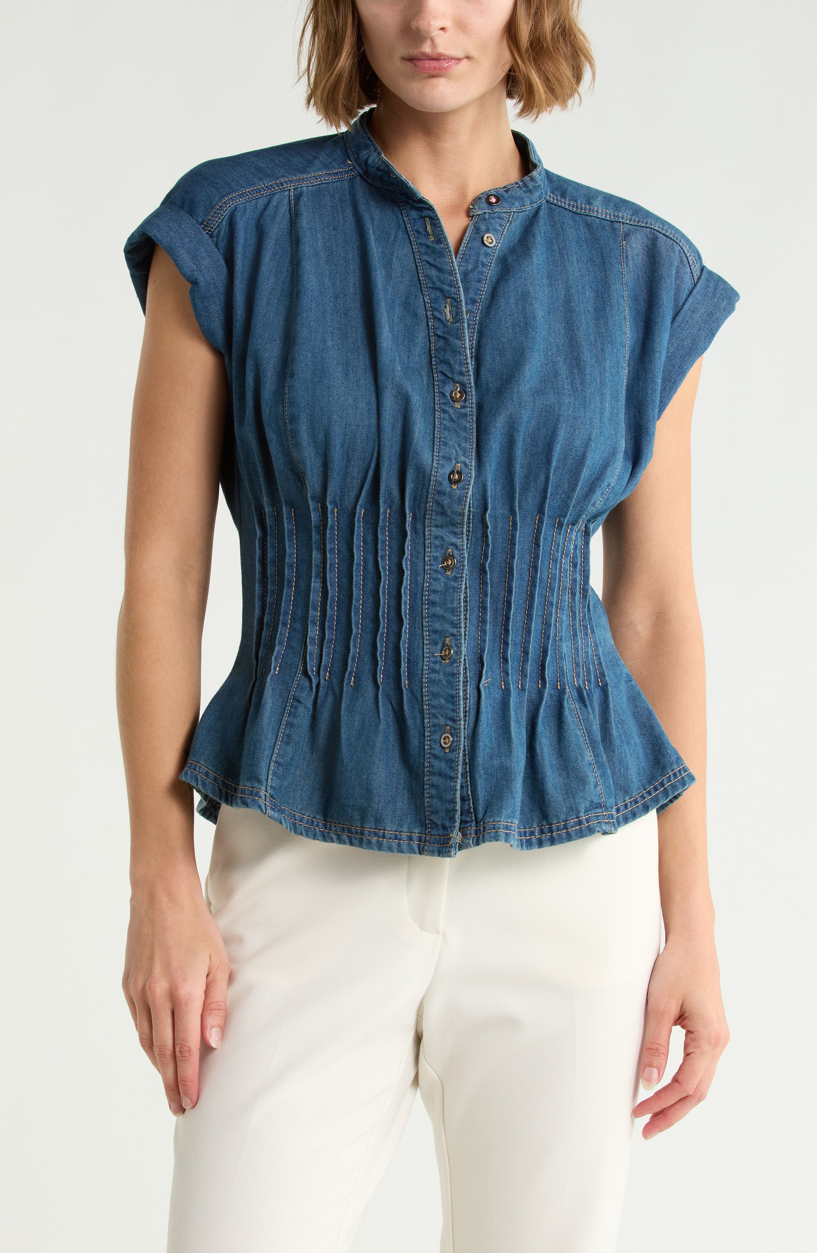 Pleated Fitted Cotton Denim Top