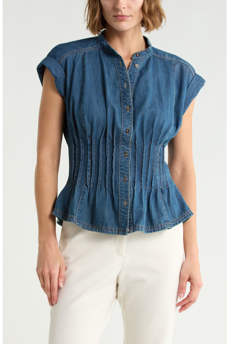 Pleated Fitted Cotton Denim Top, Main, color, MEDIUM WASH