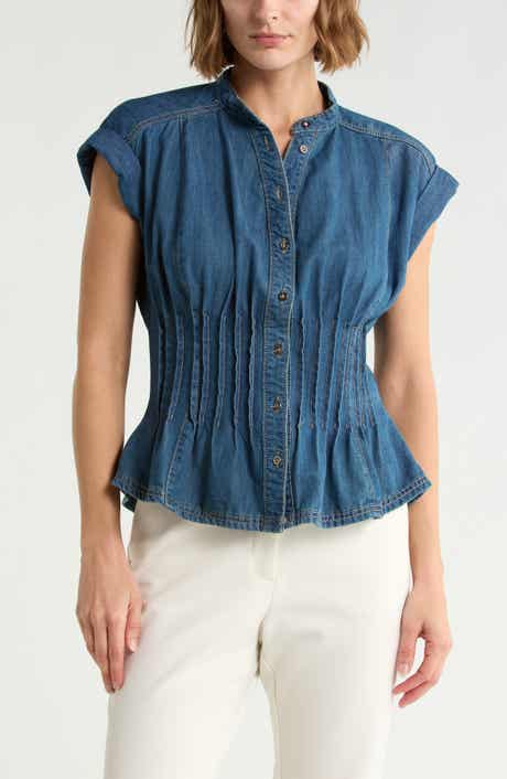 Pleated Fitted Cotton Denim Top