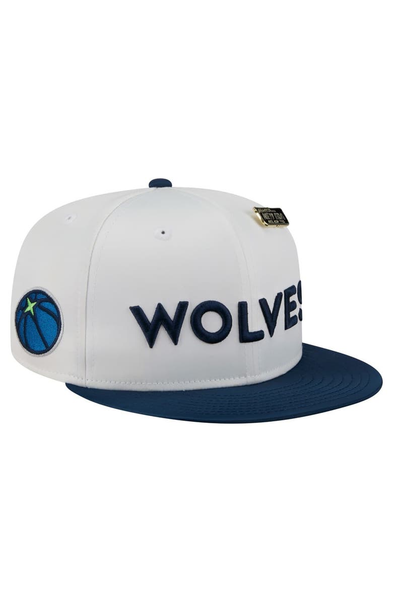 New Era Men's New Era  White/Navy Minnesota Timberwolves Throwback Satin Vintage Pin Two-Tone 59FIFTY Fitted Hat, Main, color, 