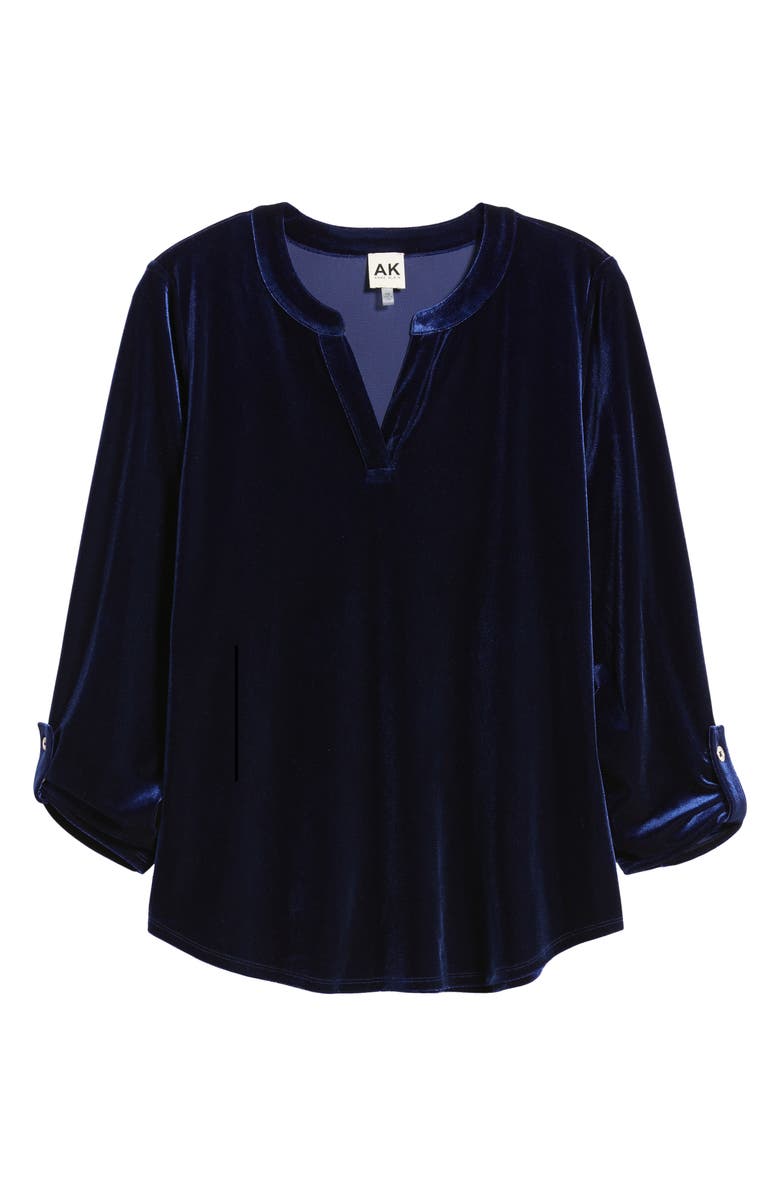 AK ANNE KLEIN Velvet Split Neck Top, Alternate, color, Admiral Blue