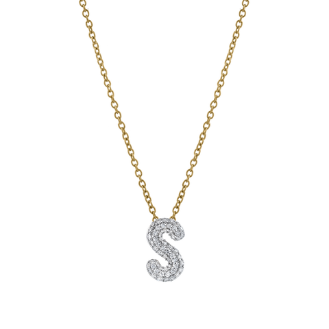 Small Bubble Initial Letter 14K Yellow Gold Diamond Pendant Necklace