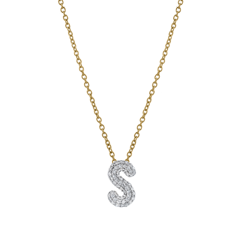Luvmyjewelry Small Bubble Initial Letter 14k Yellow Gold Diamond Pendant Necklace