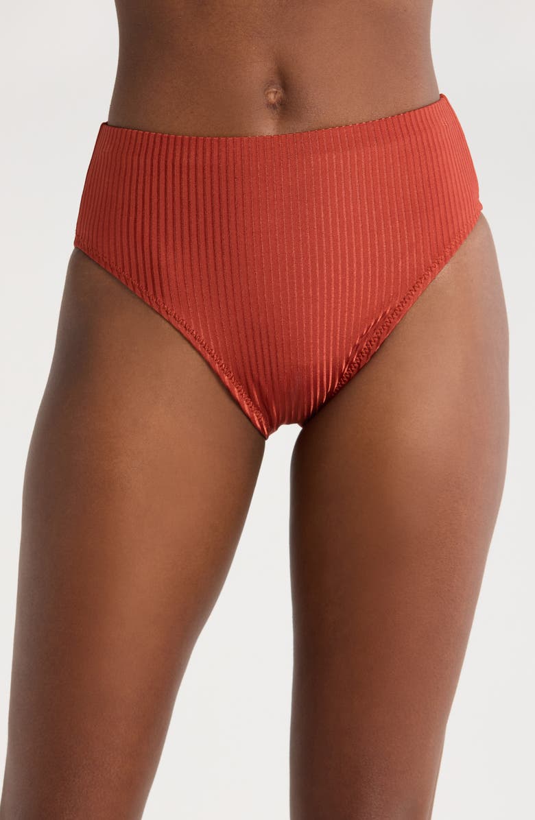 Robin Piccone Angela High Waist Rib Bikini Bottoms, Main, color, Spice