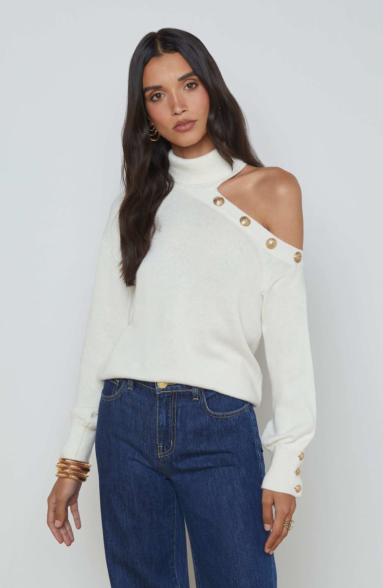 L'AGENCE Brixie Cutout Shoulder Turtleneck Sweater, Alternate, color, Ivory/ Gold