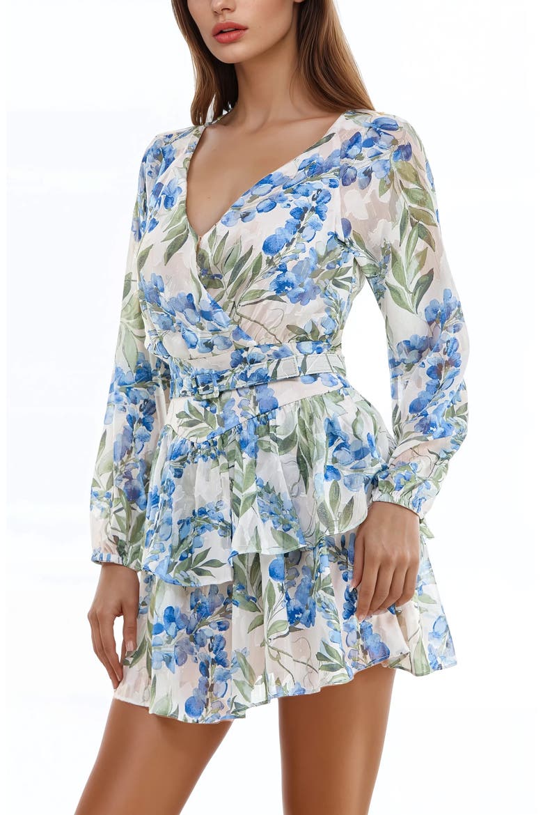 Metallic Floral Long Sleeve Minidress, Alternate, color, IVORY/ BLUE