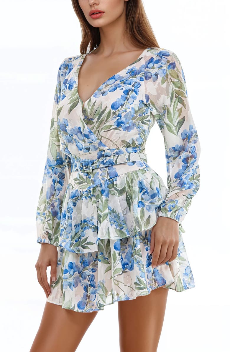 Socialite Metallic Floral Long Sleeve Minidress, Alternate, color, Ivory/ Blue