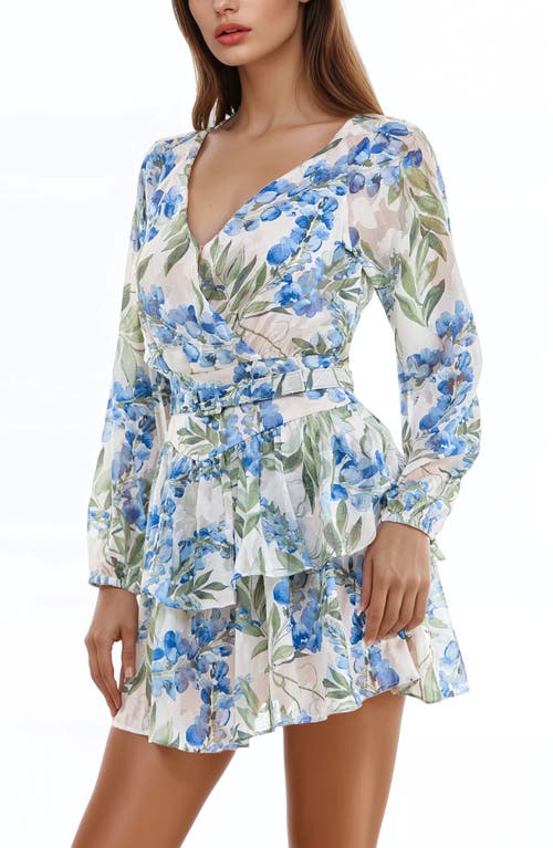 Socialite Metallic Floral Long Sleeve Minidress In Blue