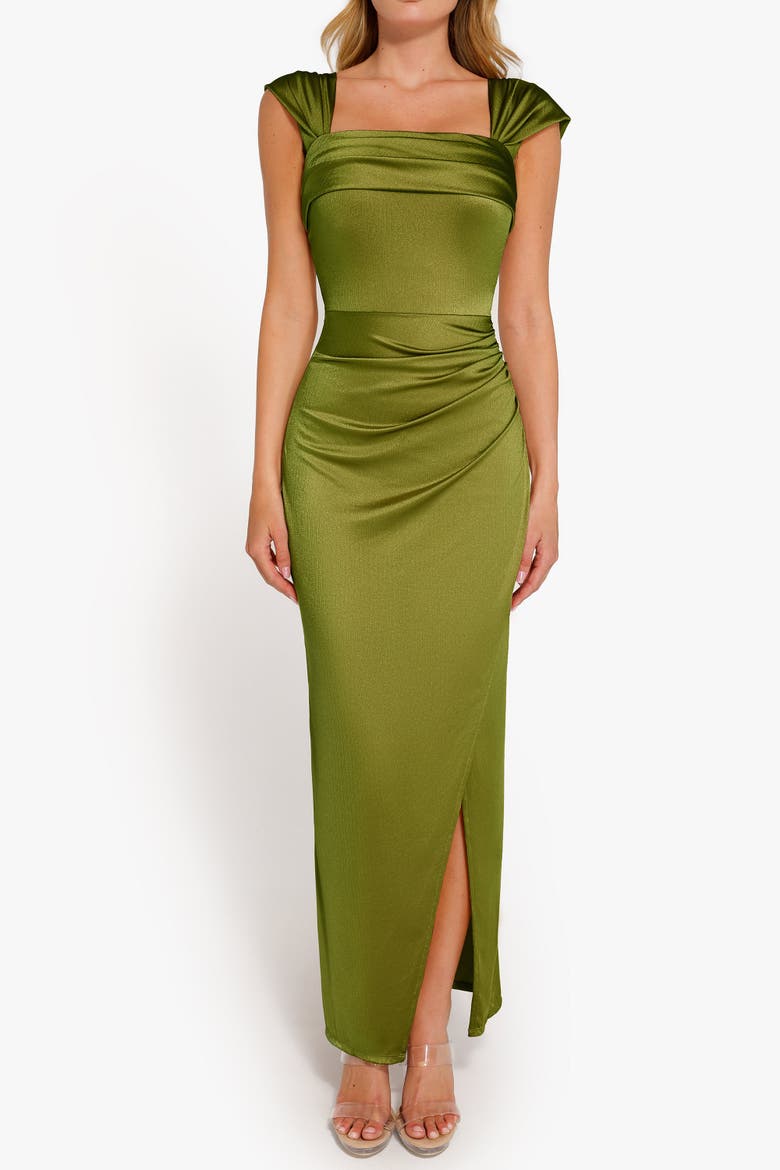 Liquid Metallic Fabric Off Shoulder Shine Ruched Sculpting Maxi Shapewear Dress, Alternate, color, Metallic Olive