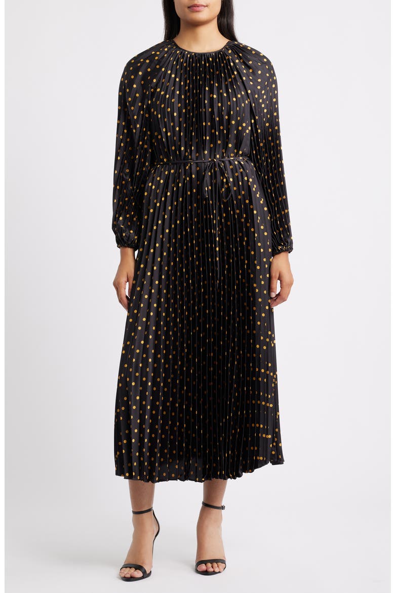 Pleated Metallic Polka Dot Long Sleeve Dress, Main, color, BLACK GOLD