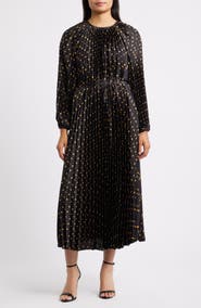Julia Jordan Pleated Metallic Polka Dot Long Sleeve Dress