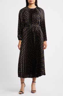Julia Jordan Pleated Metallic Polka Dot Long Sleeve Dress