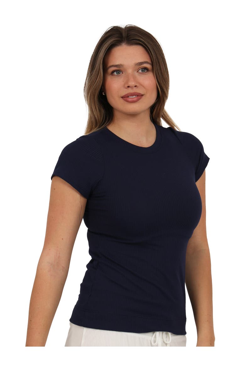 Basic Ribbed Knit Round Neck Short Sleeve Top, Alternate, color, Navy