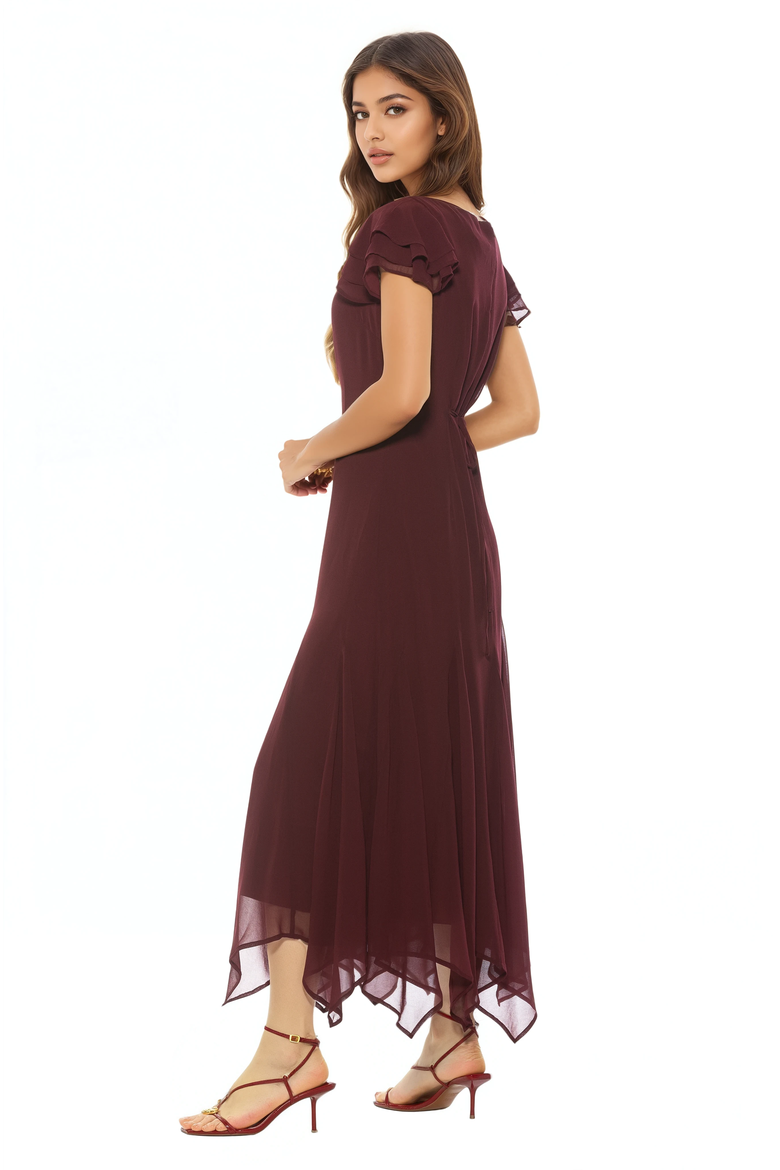 Kaelith Ruffle Sleeve Midi Dress, Alternate, color, Burgundy