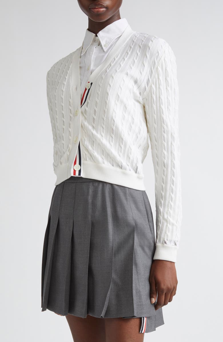 Thom Browne Semisheer Baby Cable Knit Cardigan, Alternate, color, White