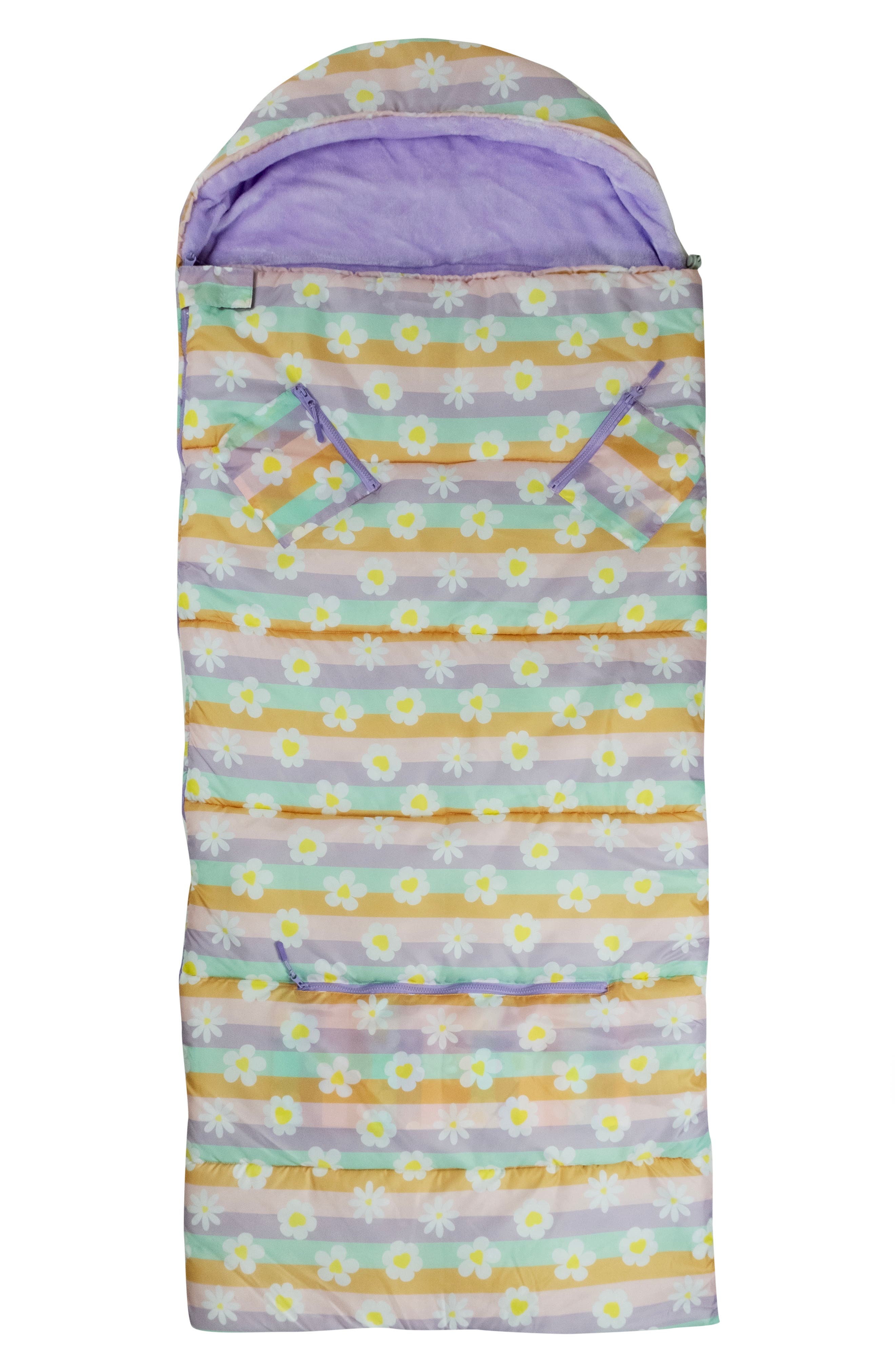 Kids' Sleep-n-Pack Daisy Stripe Print Sleeping Bag Backpack, Alternate, color, HAPPY DAISY STRIPES