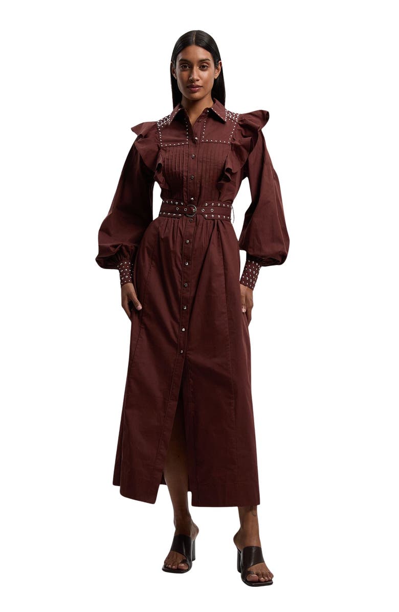 Karen Millen Cotton Studded Maxi Shirt Dress, Main, color, Chocolate