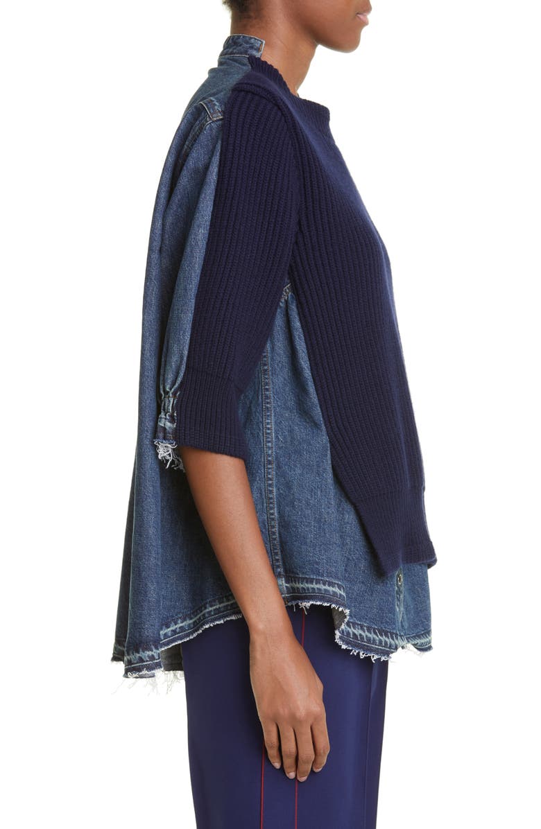 Sacai Mixed Media Wool & Denim Sweater, Alternate, color,