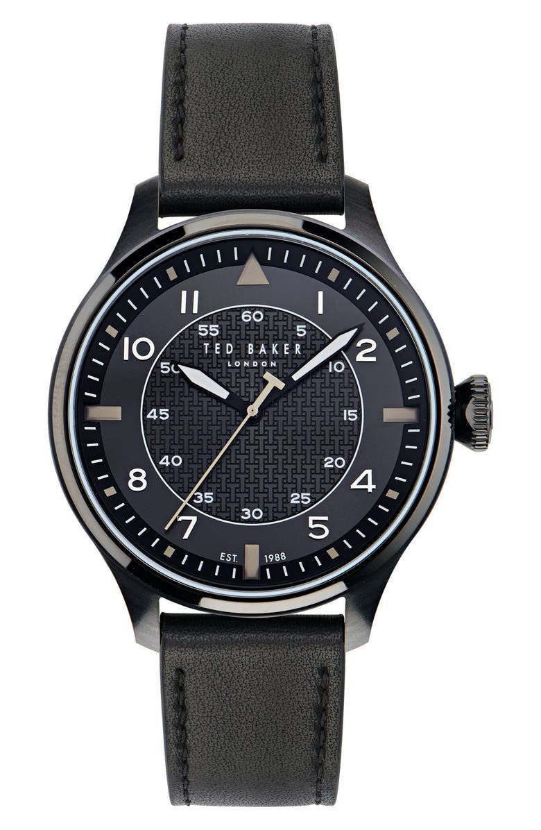 Ted Baker London Leather Strap Watch, 20mm, Main, color, Black