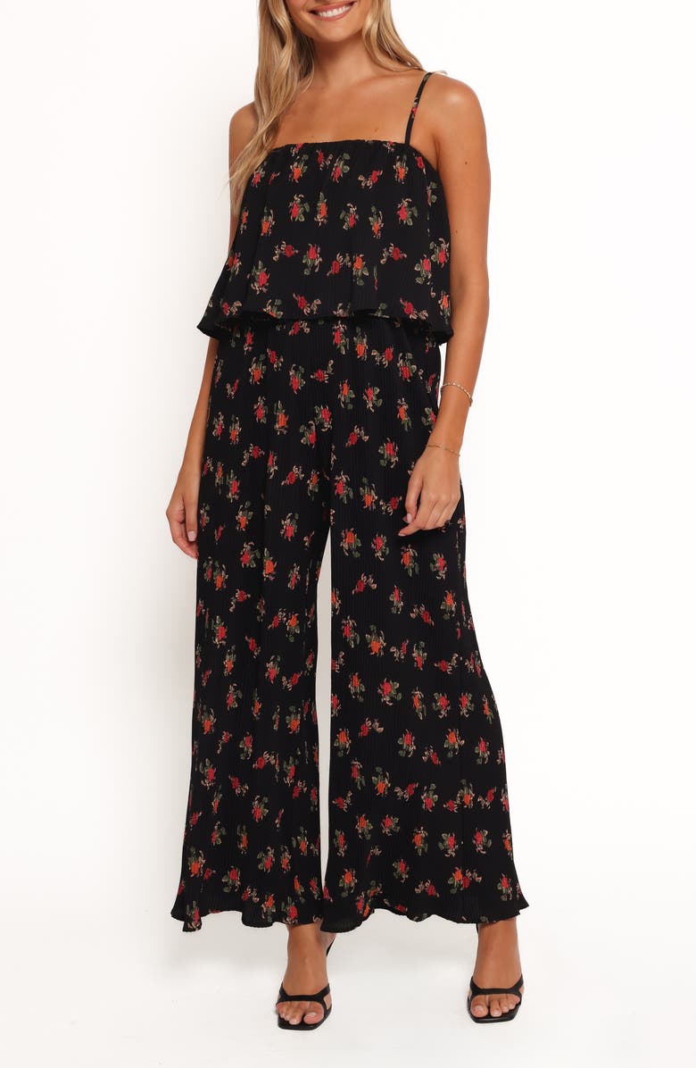 Petal & Pup Jillian Floral Plissé Jumpsuit, Main, color, Black Rose