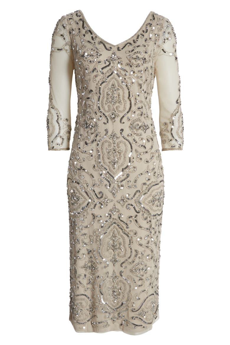 Sequin & Beaded Cocktail Sheath Dress, Alternate, color, SILVER