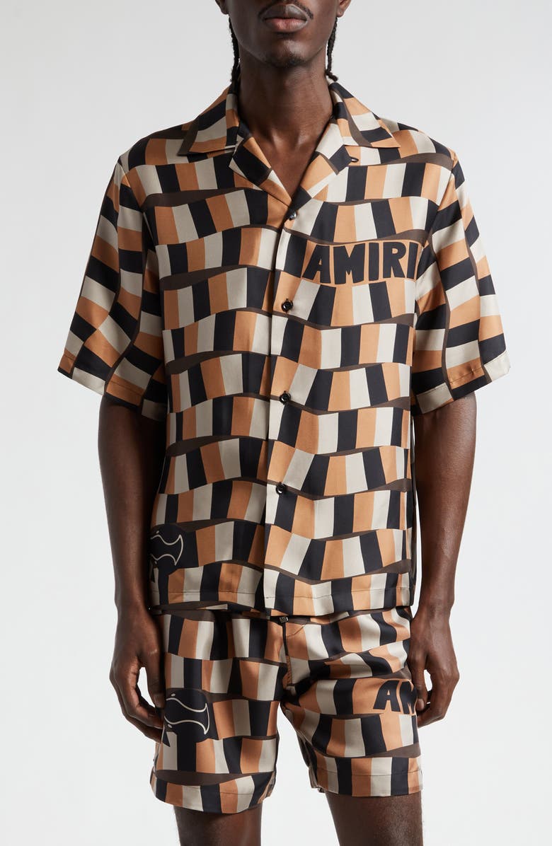 AMIRI Snake Checkerboard Silk Camp Shirt, Main, color, 