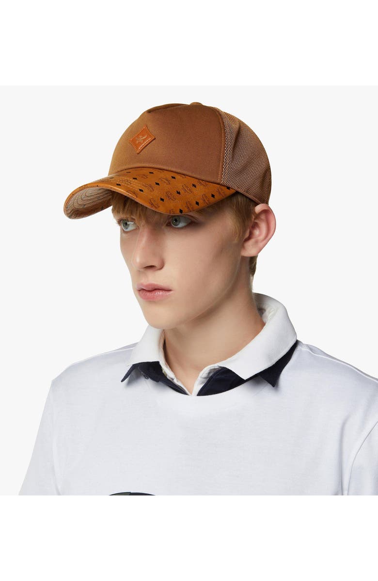 MCM Diamond Cap in Cotton and Monogram Print Leather, Alternate, color, Cognac