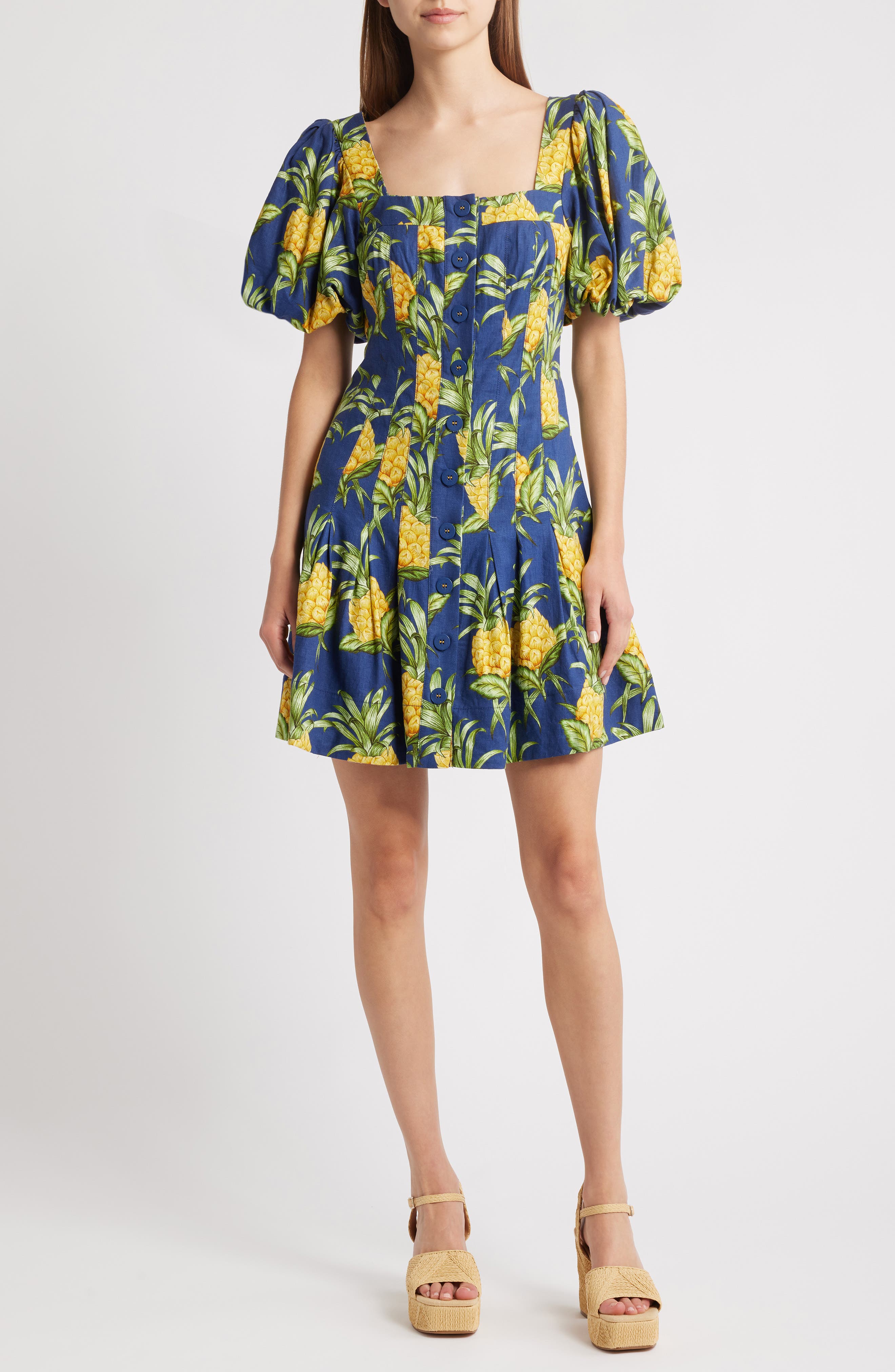 FARM Rio Pineapple Print Linen Blend Minidress