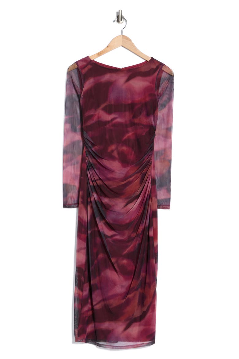 Print Mesh Long Sleeve Body-Con Midi Dress, Alternate, color, WINE
