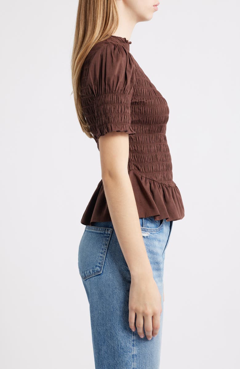 Reformation Aggie Smocked Ruffle Hem Top, Alternate, color, Cafe