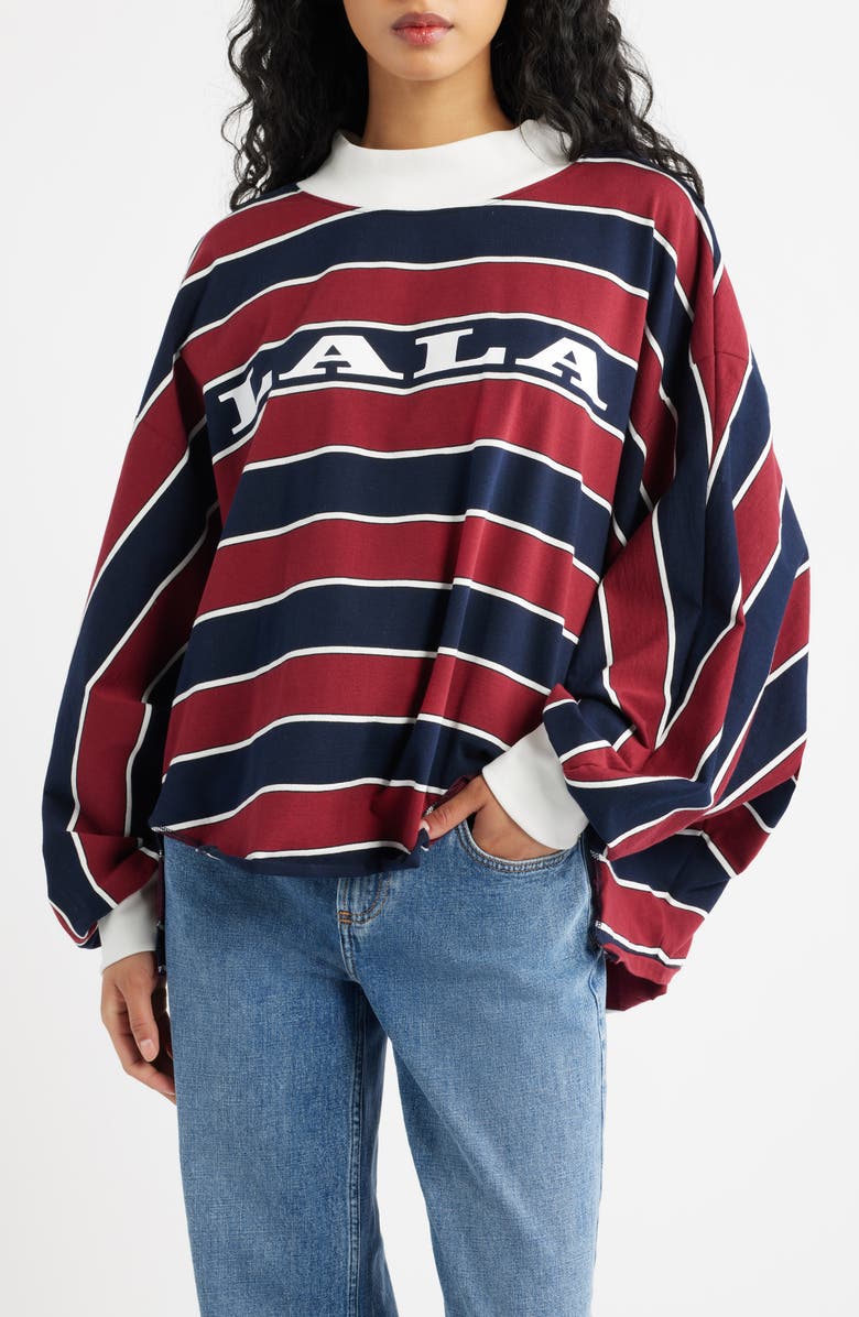 Dressed in Lala College Dropout Oversize Stripe Logo Sweatshirt, Main, color, Wine