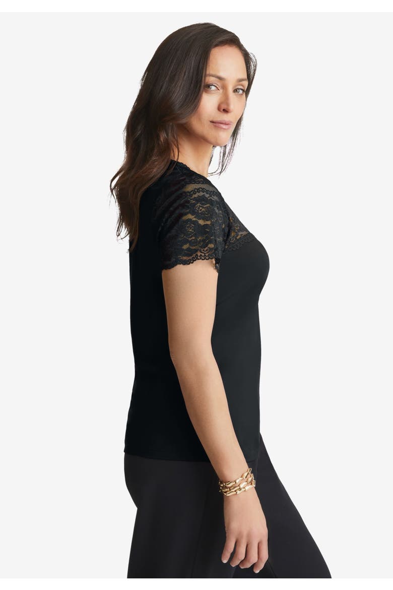 Stretch Lace Neckline Top, Alternate, color, BLACK