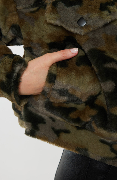 Kancan Jax Faux Fur Camo Jacket In Multi