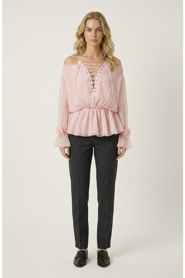 Elegant Lace-Up Peplum Blouse with Long Sleeves, Alternate, color, Pink
