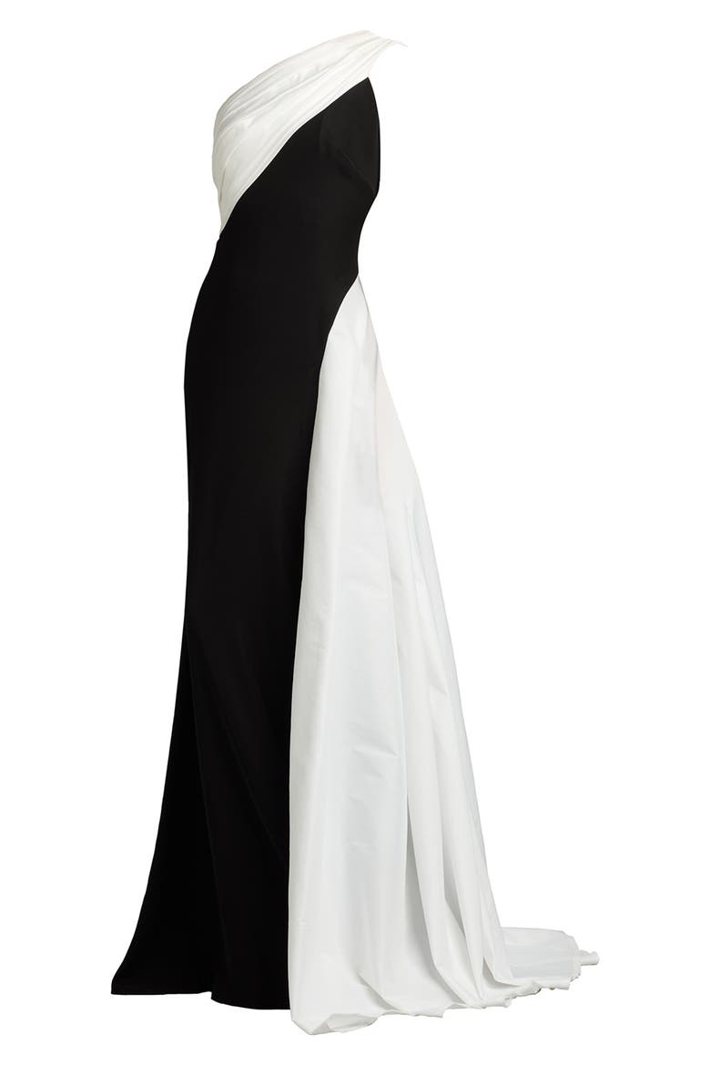 Taffeta Detail One-Shoulder Crepe Gown, Alternate, color, BLACK/ WHITE