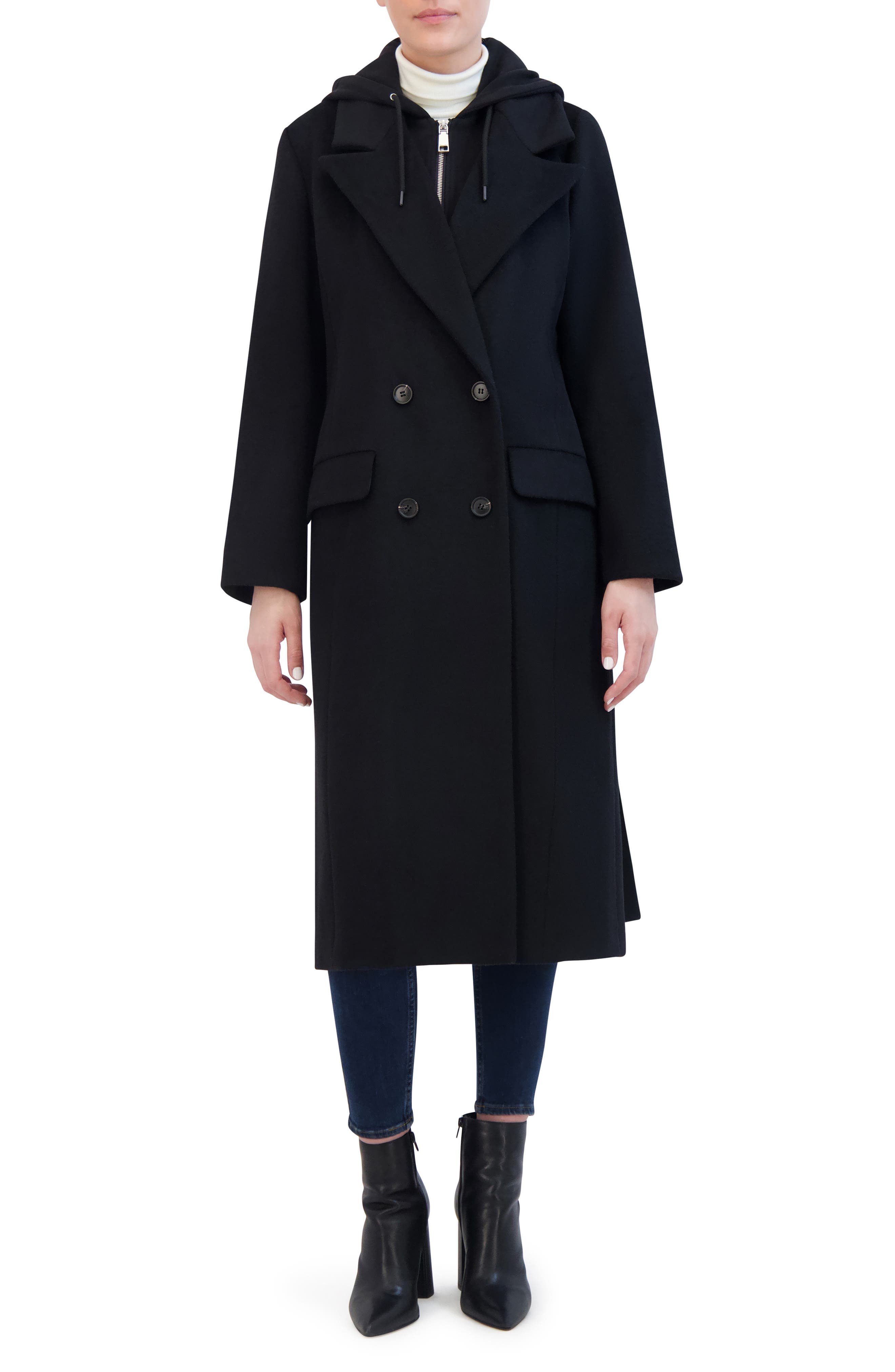 Double Breasted Longline Coat with Jersey Hooded Bib