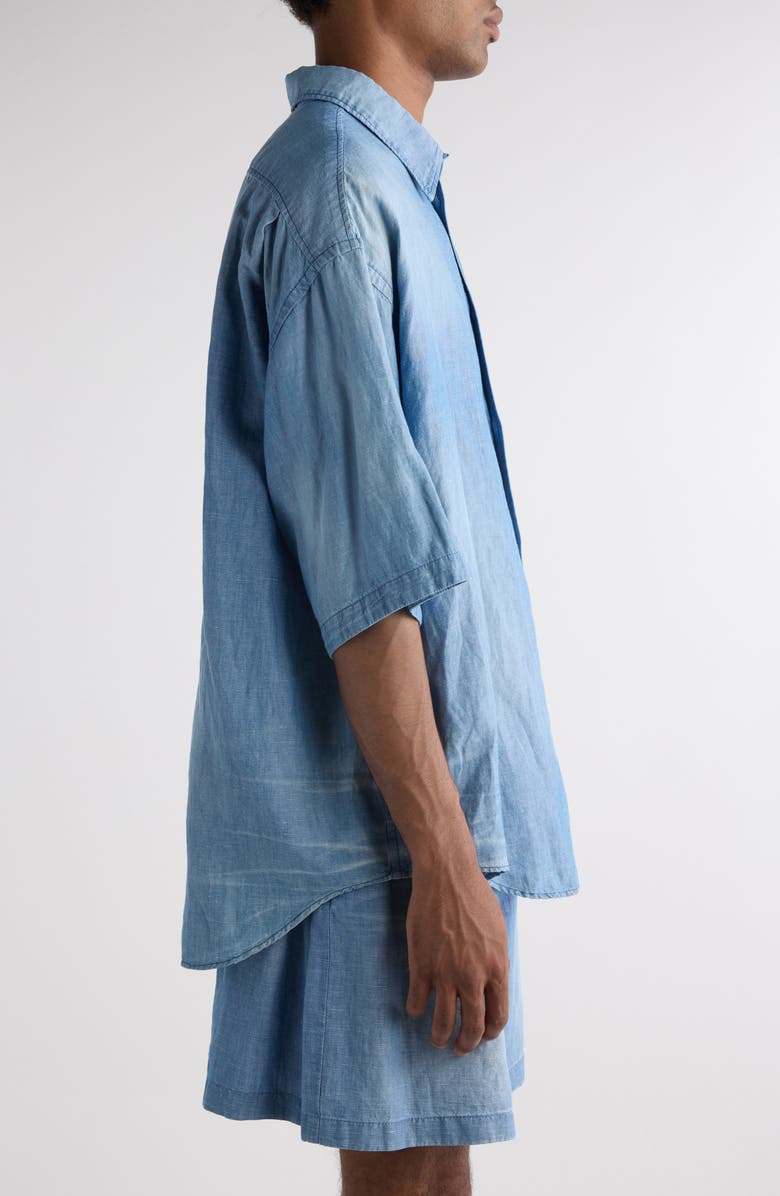 Acne Studios Oversize Short Sleeve Cotton & Linen Chambray Button-Up Shirt, Alternate, color, Mid Blue