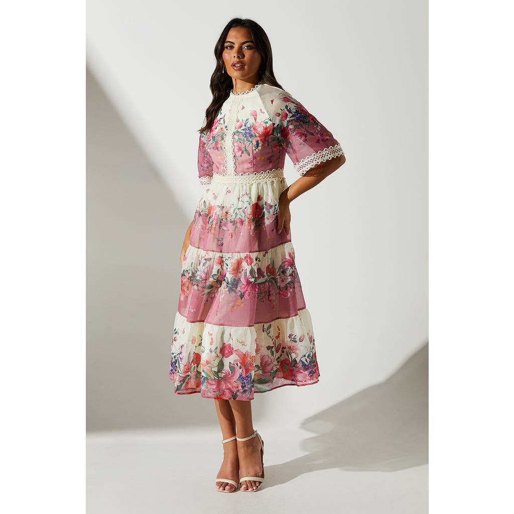 Coast Organza Floral Tiered Lace Trim Dress In Gold