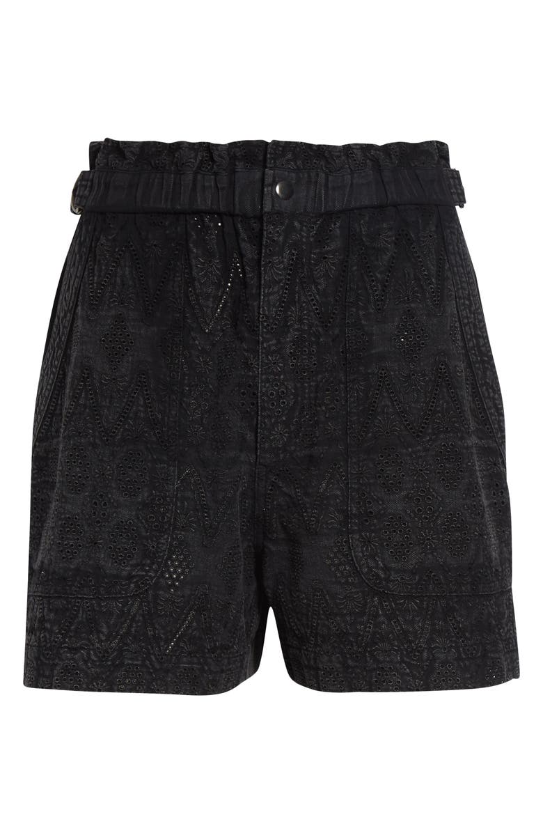 Isabel Marant Étoile Kisha Embroidered Eyelet Denim Paperbag Shorts, Alternate, color, Faded Black