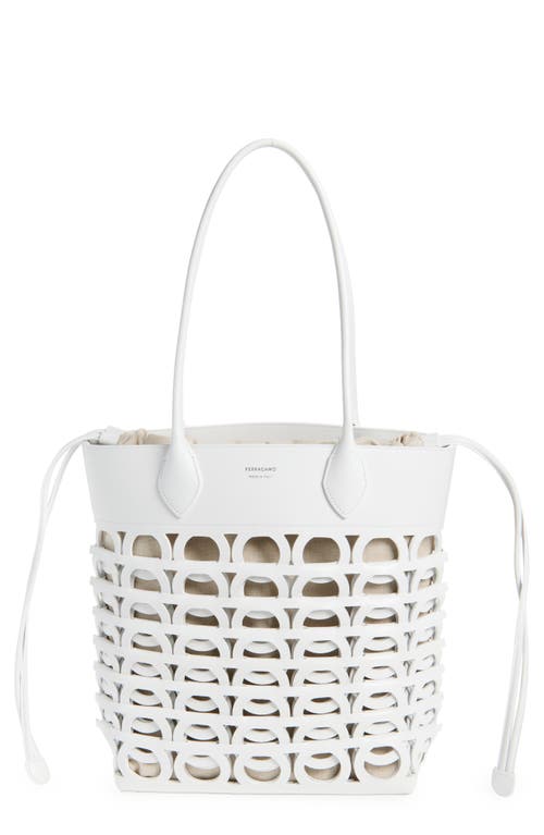 Ferragamo Medium Gancini Perforated Leather Tote In Optic-white/naturale