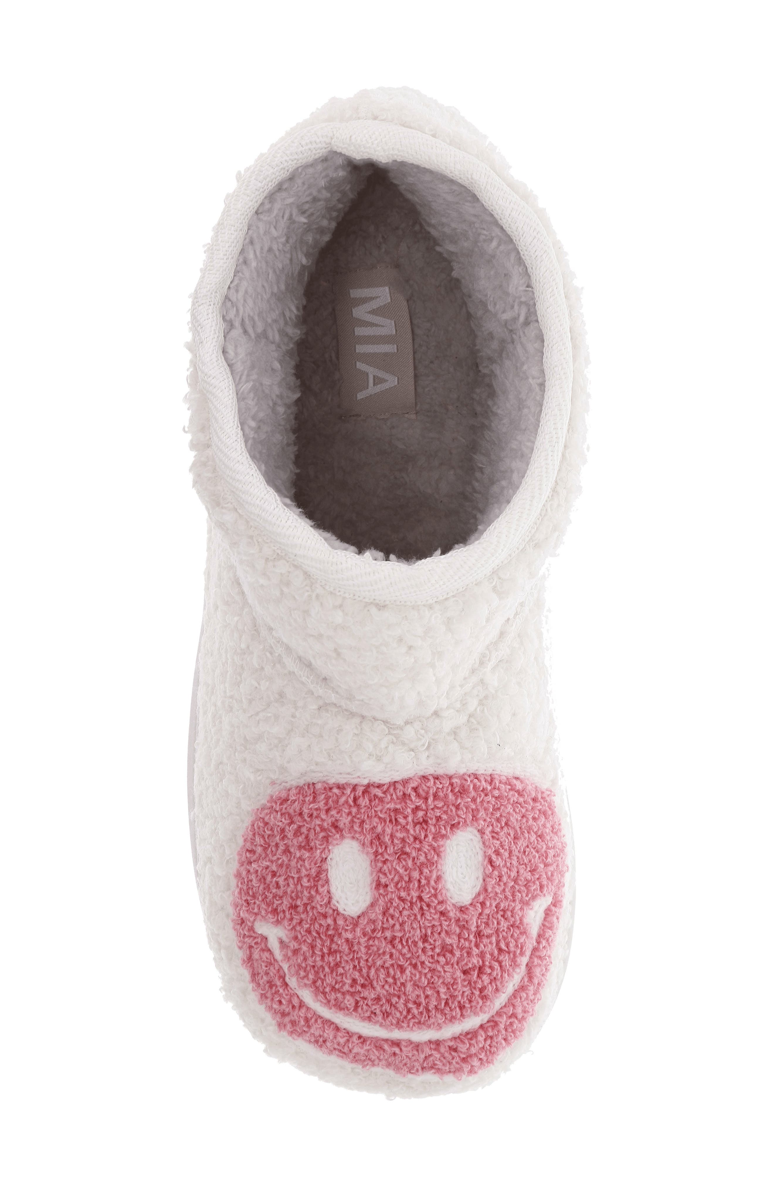 MIA Chill Smiley Faux Shearling Bootie Slipper, Alternate, color, Blush Happy Face