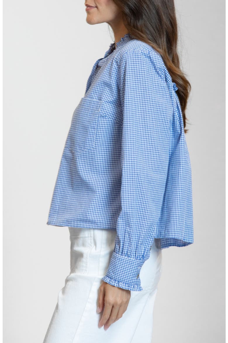 Ruffle Detail Cotton Gingham Button-Up Shirt, Alternate, color, COBALT BLUE
