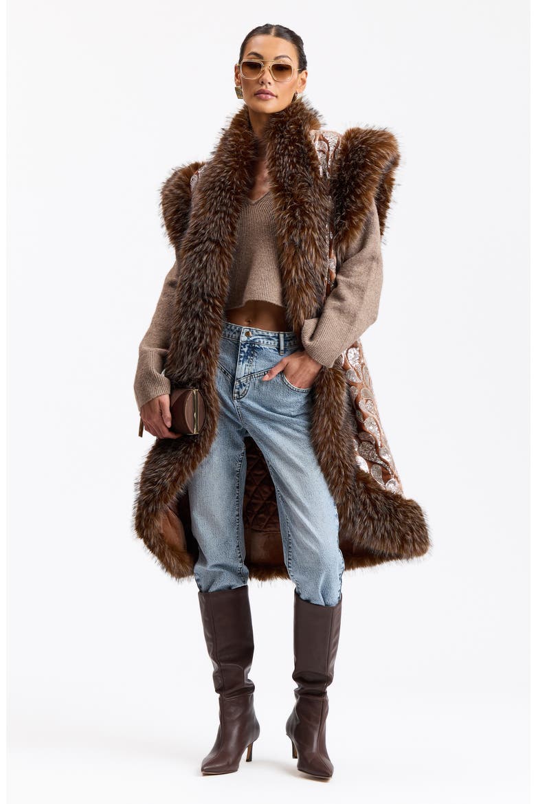 Faux Fur Trim Sequin Embellished Velvet Maxi Vest, Alternate, color, BROWN/ MAUVE