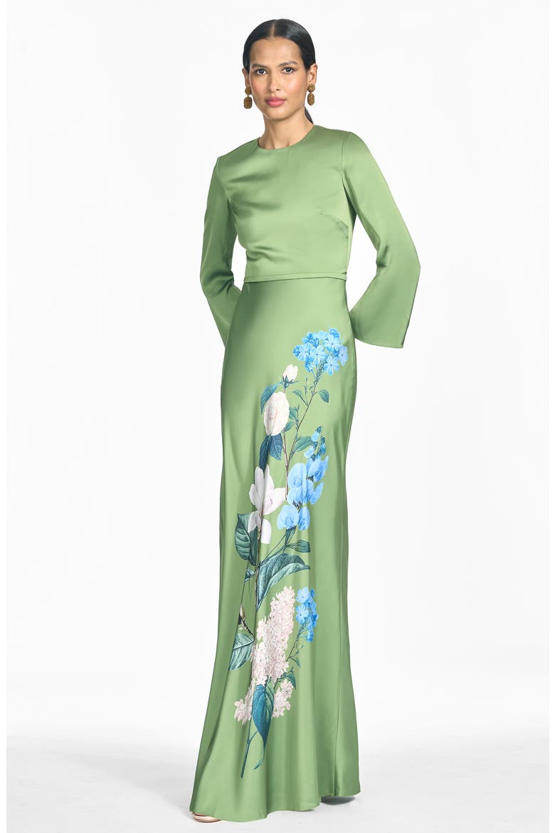 Alex Floral Long Sleeve Satin Crepe Gown, Alternate, color, CYPRESS SWEET PEA