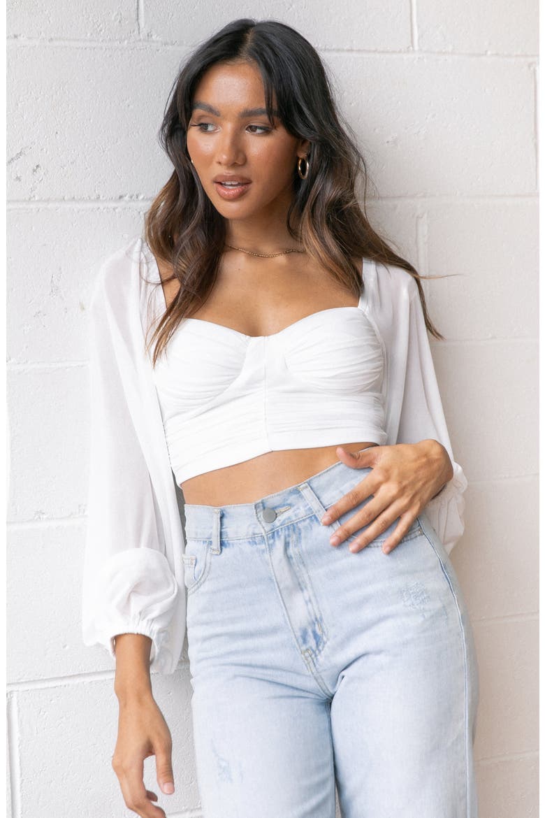 Adele Sheer Sleeve Crop Top, Alternate, color, WHITE