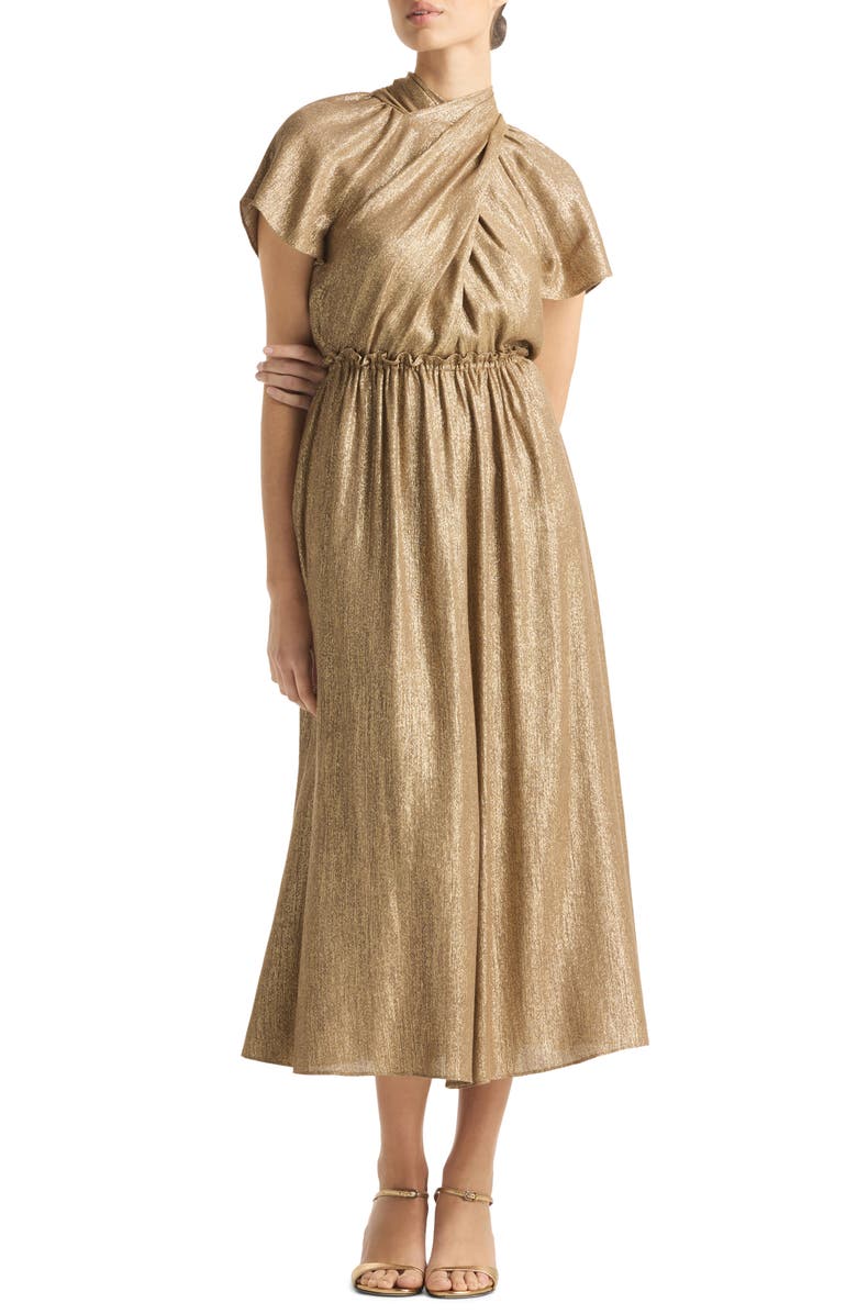 ST. JOHN Metallic Wrap Bodice Midi Dress, Main, color, Gold