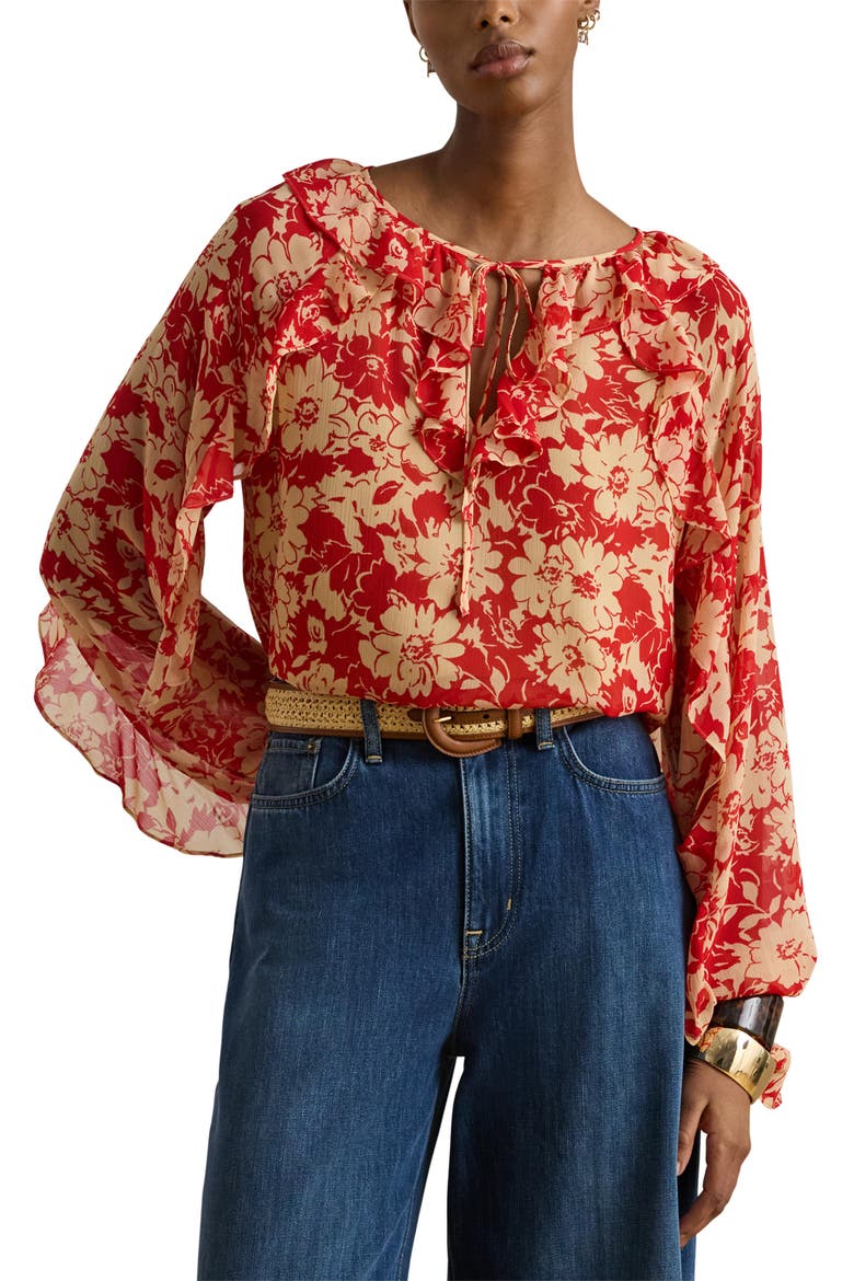 Floral Ruffle Detail Crinkle Top, Main, color, RED/ TAN
