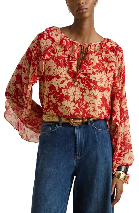 Floral Ruffle Detail Crinkle Top