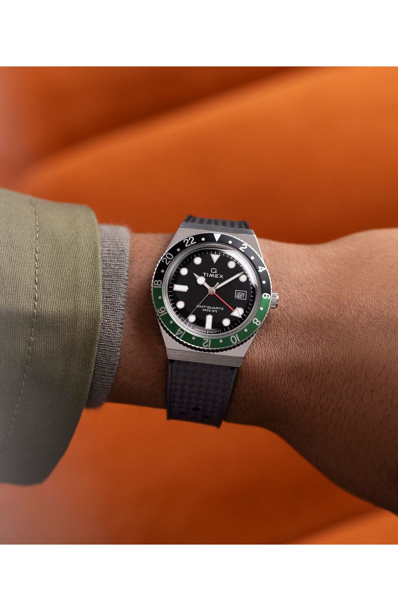 Timex<sup>®</sup> Q Timex GMT Synthetic Rubber Strap Watch, 38mm, Alternate, color, Black